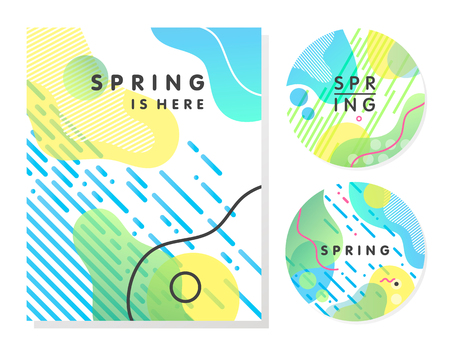 Unique artistic spring cards with bright gradient background, shapes and geometric elements in memphis style. Abstract design cards.のイラスト素材