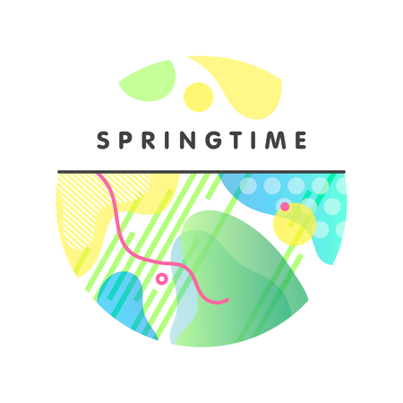 Unique artistic spring card with bright background,shapes and geometric elements in memphis style.Abstract card perfect for prints, banners, invitations, special offer and more.のイラスト素材