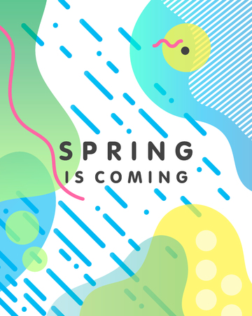 Unique artistic design card, spring is coming with bright background, shapes and geometric elements in Memphis style. Abstract card perfect for prints, flyers, banners, invitations, special offer and more.のイラスト素材