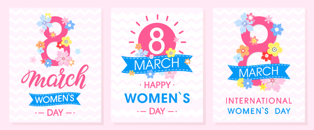 Set of Women's Day creative cards with ribbons and different flowers. Vector illustration.のイラスト素材