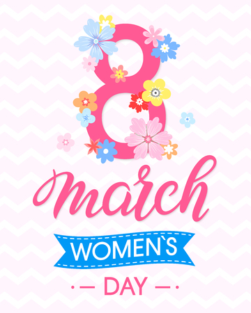 Women's Day typography with different flowers and ribbon. Vector illustration.のイラスト素材