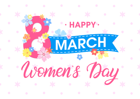 Women`s day typography, hand painted lettering with different flowers and ribbon.Seasons greetings card perfect for prints, flyers, posters, holiday invitations and more.のイラスト素材