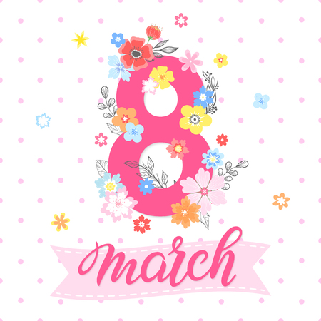 Women`s Day typography, hand painted lettering with different flowers and floral elements.のイラスト素材