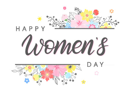 Women`s Day typography- hand painted lettering with different flowers and floral elements.Seasons greetings card perfect for prints,flyers,posters,holiday invitations and more.Vector 8 march card.のイラスト素材