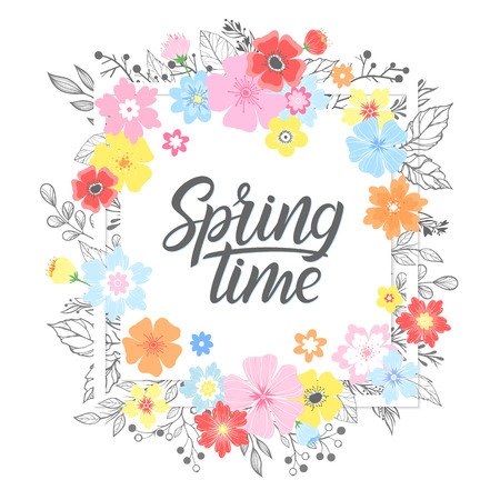Spring card with hand drawn lettering with floral elements,plants,leaves and flowers.のイラスト素材