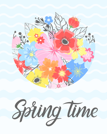 Spring card with hand drawn lettering, floral elements,plants,leaves and flowers enclosed in a circle.のイラスト素材
