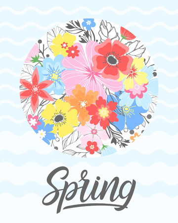 Spring card with hand drawn lettering, floral elements,plants,leaves and flowers enclosed in a circle.Seasons greetings card perfect for prints, flyers,banners,invitations,special offer and more.のイラスト素材
