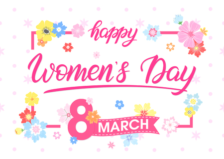 Women's Day typography - hand painted lettering with different flowers and floral elements.のイラスト素材