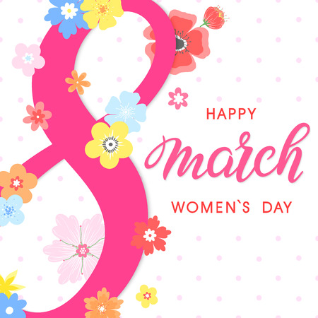 Women`s day typography, hand painted lettering with different flowers and floral elements. Seasons greetings card perfect for prints, flyers, posters, holiday invitations and more, vector.のイラスト素材