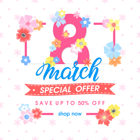 Woman`s Day promotion.Hand painted lettering with different flowers and floral elements.のイラスト素材