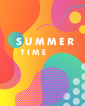 Unique artistic design card - summer time with bright gradient background,shapes and geometric elements in memphis style.Bright poster perfect for prints,flyers,banners,invitations,special offer and more.のイラスト素材