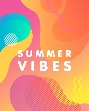 Unique artistic design card - sunny vibes with bright gradient background,shapes and geometric elements in memphis style.Bright poster perfect for prints,flyers,banners,invitations,special offer and more.のイラスト素材
