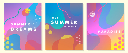 Unique artistic summer cards with bright gradient background,shapes and geometric elements in memphis style.Abstract design cards perfect for prints,flyers,banners,invitations,special offer and more.のイラスト素材