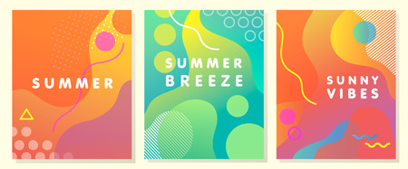 Unique artistic summer cards with bright gradient background,shapes and geometric elements in memphis style.Abstract design cards perfect for prints,flyers,banners,invitations,special offer and more.のイラスト素材