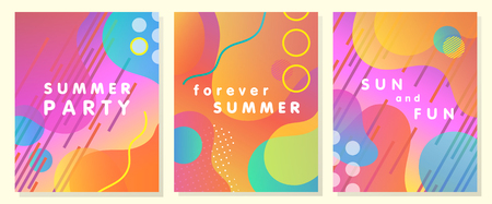 Unique artistic summer cards with bright gradient background,shapes and geometric elements in memphis style.Abstract design cards perfect for prints,flyers,banners,invitations,special offer and more.のイラスト素材