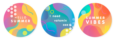 Unique artistic summer stickers with bright gradient background,shapes and geometric elements in memphis style.Abstract design cards perfect for prints,flyers,banners,invitations,special offer and more.のイラスト素材