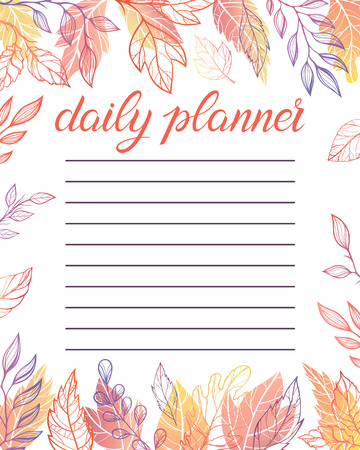 Trendy daily planner with autumn leaves and floral elements in fall colors.Perfect template for organizer and schedule with notes.Unique vector illustration for effective planning.のイラスト素材