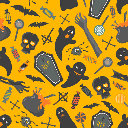 Seamless pattern.Pattern with funny halloween characters and elements. Perfect for prints, flyers, banners, invitations, greeting scrapbooking, congratulations and more.Vector Halloween illustration.のイラスト素材