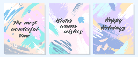 Unique artistic holidays cards with hand drawn shapes and textures in soft pastel colors.Trendy greetings design perfect for prints,flyers,banners,invitations,special offer and more.Vector collages.のイラスト素材