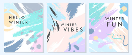 Unique artistic winter cards with hand drawn shapes and textures in soft pastel colors.Trendy graphic design perfect for prints,flyers,banners,invitations,special offer and more.Vector collages.のイラスト素材