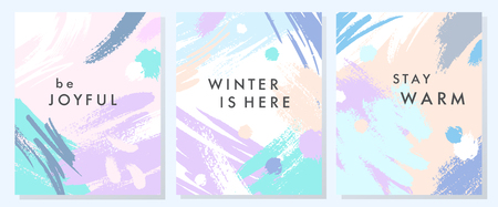 Unique artistic winter cards with hand drawn shapes and textures in soft pastel colors.Trendy graphic design perfect for prints,flyers,banners,invitations,special offer and more.Vector collages.のイラスト素材