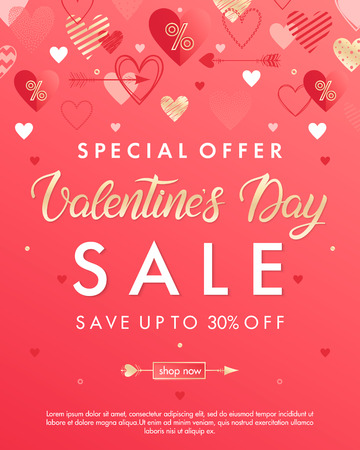 Valentines Day special offer banner with different hearts and gold foil elements.Sale flyer template perfect for prints, flyers, banners, promotions, special offers and more. Vector Valentines promo.のイラスト素材