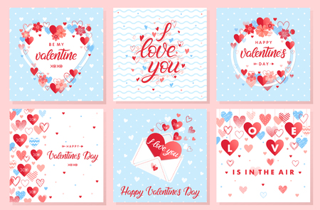 Collection of creative Valentines Day cards.Hand drawn lettering with hearts,arrows,flowers and love letter.Romantic illustrations perfect for prints,flyers,posters,holiday invitations and more.のイラスト素材