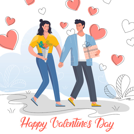 Couple holding hands and walking.Cute cartoon characters.Romantic illustration perfect for greeting cards, prints,flyers,posters,holiday invitations and more.Valentines day card concept.のイラスト素材