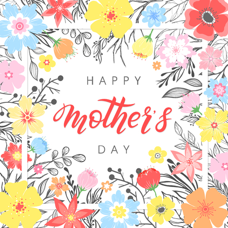 Happy Mothers Day typography.Happy Mothers Day - hand drawn lettering with floral elements,leaves and flowers.Seasons greetings card perfect for prints,banners,invitations,special offer and more.のイラスト素材