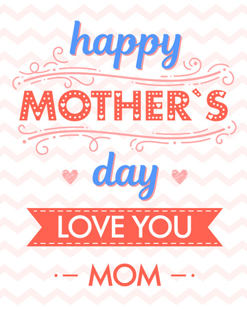Happy Mothers Day typography with zig zag background,ribbon and hearts.Seasons greetings card perfect for prints,banners,invitations,special offer and more.Vector Mothers Day card.のイラスト素材