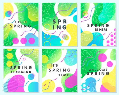 Set of unique spring cards with bright gradient backgrounds; tiny leaves; fluid shapes and geometric elements in memphis style.Abstract layouts perfect for prints; flyers; banners; invitations; covers.のイラスト素材