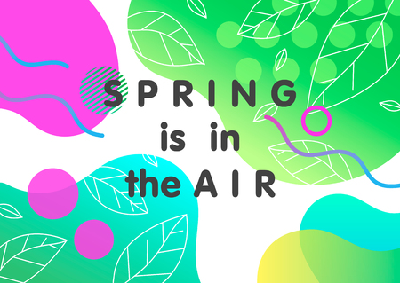 Trendy spring card with bright gradient background,tiny leaves,fluid shapes and geometric elements in memphis style.Bright abstract layout perfect for prints,flyers,banners,invitations,covers and moreのイラスト素材