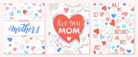Set of creative Mothers Day cards with with zig zag background,ribbons and hearts.Seasons greetings cards perfect for prints, flyers,banners,invitations,special offer and more.のイラスト素材