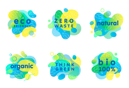 Set of bio,eco,organic,natural stickers and logos with liquid shapes.Fluid compositions perfect for Earth Day,zero waste,prints,logos,flyers,banners design and more.Eco friendly lifestyle concepts.のイラスト素材