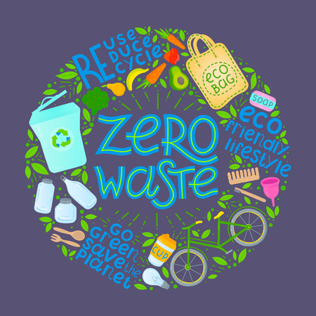 Zero waste concept.Vector illustration with hand drawn lettering,eco grocery bag,vegetables,fruits,bicycle,glass jars,wooden cutlery,comb and toothbrush,menstrual cup,thermo mug.Zero waste principals.のイラスト素材