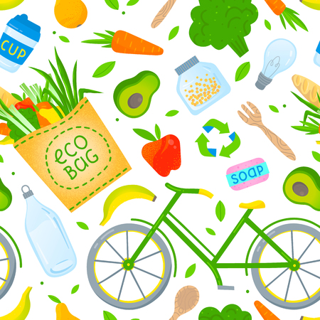 Eco friendly lifestyle seamless pattern with eco bag,bicycle,vegetables and fruits.Layout design perfect for prints,banners,web,eco posters,flyer mockups,textile and more.Healthy lifestyle background.のイラスト素材