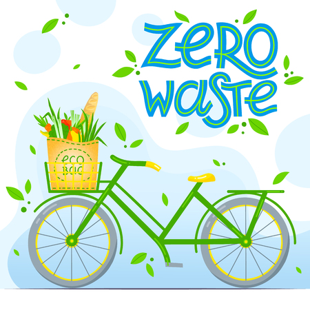 Zero waste concept.Vector illustration with lettering,eco grocery bag and bicycle.Eco friendly lifestyle.Perfect for flyers,banners,eco posters,covers,typography design.Live green,go to zero waste.のイラスト素材