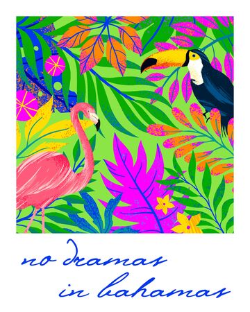 Universal vector illustration with tropical leaves,flamingo and toucan.Multicolor plants with hand drawn texture.Artistic background perfect for web,prints,flyers,banners,invitations,social media.のイラスト素材