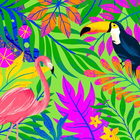 Universal vector illustration with tropical leaves,flamingo and toucan.Multicolor plants with hand drawn texture.Artistic background perfect for web,prints,flyers,banners,invitations,social media.のイラスト素材