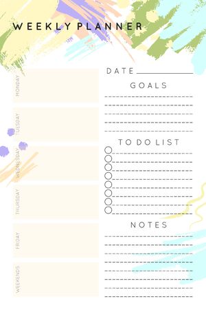 Vector weekly planner template with hand drawn shapes and textures in pastel colors.Organizer and schedule with place for notes,goals and to do list.Trendy minimalistic style.Abstract modern design.のイラスト素材