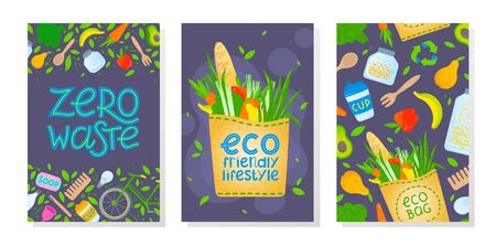 Bundle of zero waste vector illustrations and pattern.Healthy lifestyle principals.Perfect for prints,flyers,banners,eco posters,typography design,social media.Live green, go to zero waste.のイラスト素材