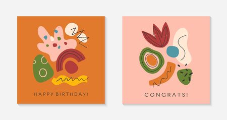 Set of creative universal artistic cards.Modern vector illustrations with hand drawn organic shapes and textures.Trendy contemporary design for prints,flyers,banners,brochures,invitations,covers.のイラスト素材