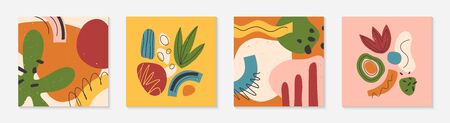 Set of creative universal artistic cards.Modern vector illustrations with hand drawn organic shapes and textures.Trendy contemporary design for prints,flyers,banners,brochures,invitations,covers.のイラスト素材