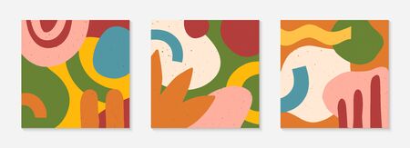 Set of creative universal artistic cards.Modern vector illustrations with hand drawn organic shapes and textures.Trendy contemporary design for prints,flyers,banners,brochures,invitations,covers.のイラスト素材