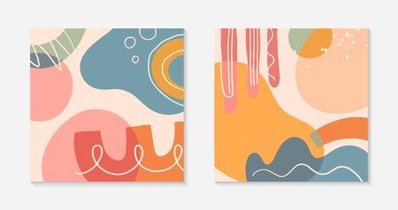 Set of modern vector collages with hand drawn organic shapes,textures and graphic elements.Trendy contemporary design perfect for prints,social media,banners,invitations,branding design,coversのイラスト素材