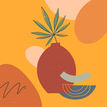 Artistic modern vector illustration with vase, leaves, organic shapes and graphic elements. Trendy contemporary design perfect for prints; banners templates; social media, invitations; branding, coversのイラスト素材