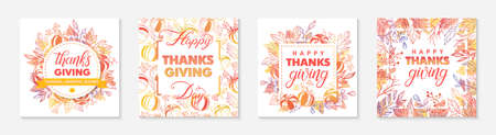 Thanksgiving postes with leaves and floral elements in fall colors. Greetings cards perfect for prints; flyers; banners; invitations.Trendy fall designs.Vector autumn illustrationsのイラスト素材
