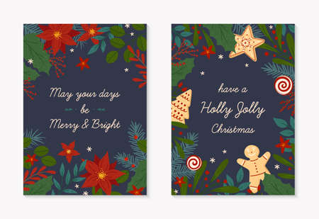 Set of Christmas and Happy New Year greeting cards templates.Modern vector layouts with hand drawn...