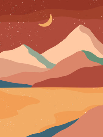 Creative abstract mountain landscape background.Mid century modern vector illustration with hand drawn mountains, desert or river, sky and moon.のイラスト素材