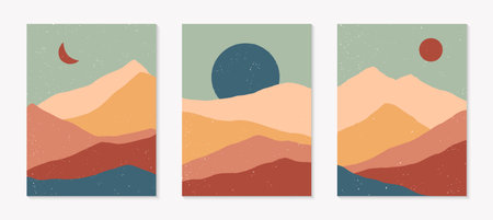 Set of creative abstract mountain landscape backgrounds.Mid century modern vector illustrations with mountains or desert dunes; sky, sun or moon. Trendy contemporary design.のイラスト素材